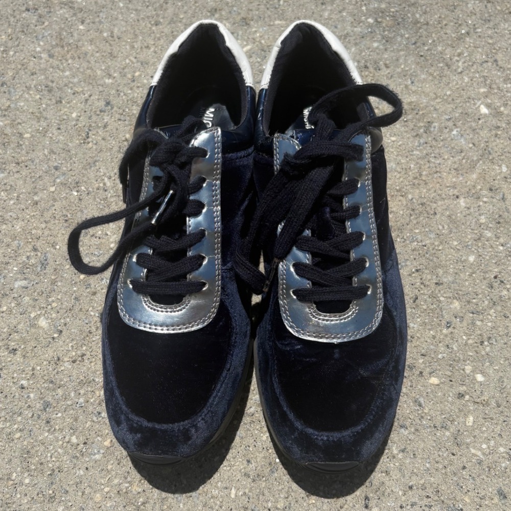 Michael Kors Allie Trainer Navy Blue Velvet Metallic Silver Sneakers HL17E 7.5M
